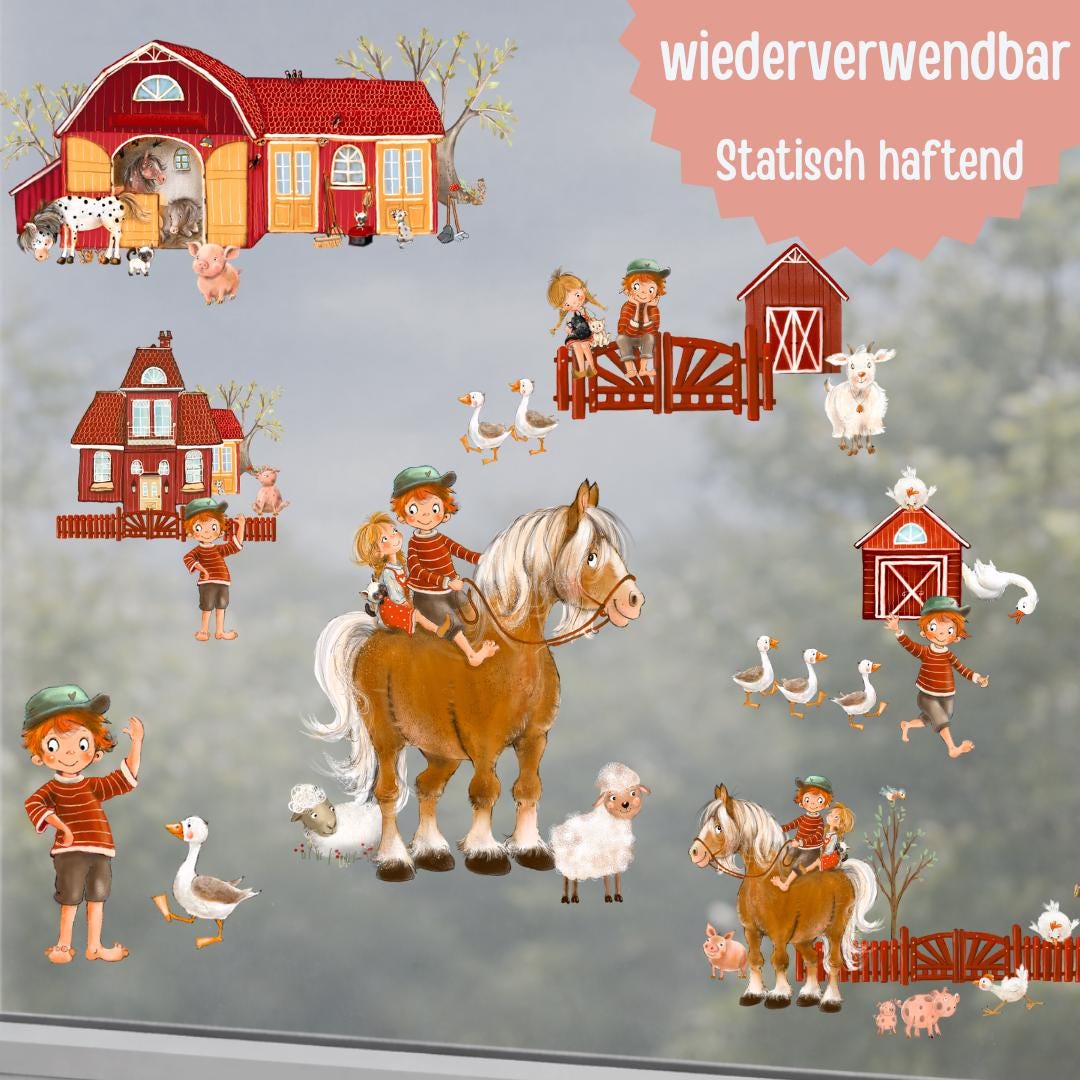 Frühlings-Fensterbilder Bauernhof – statisch haftende Fensterdeko zimmer – Kleiner Lausbub & Bauernhofszene – 
