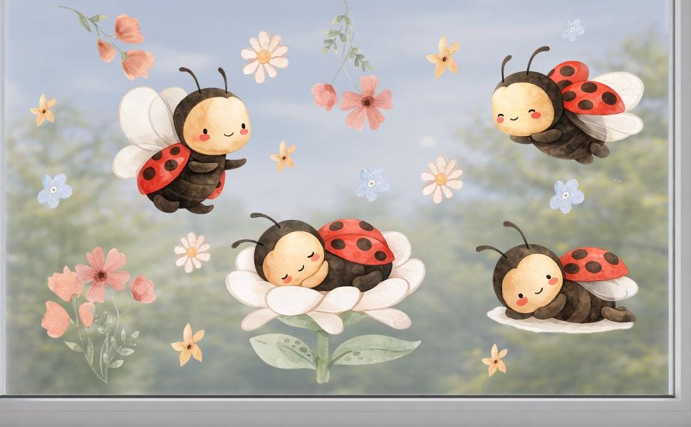 Frühlings-Fensterbilder Marienkäfer – statisch haftende Fensterdeko Frühling – Blumen & Käfer wiederverwendbar – 
