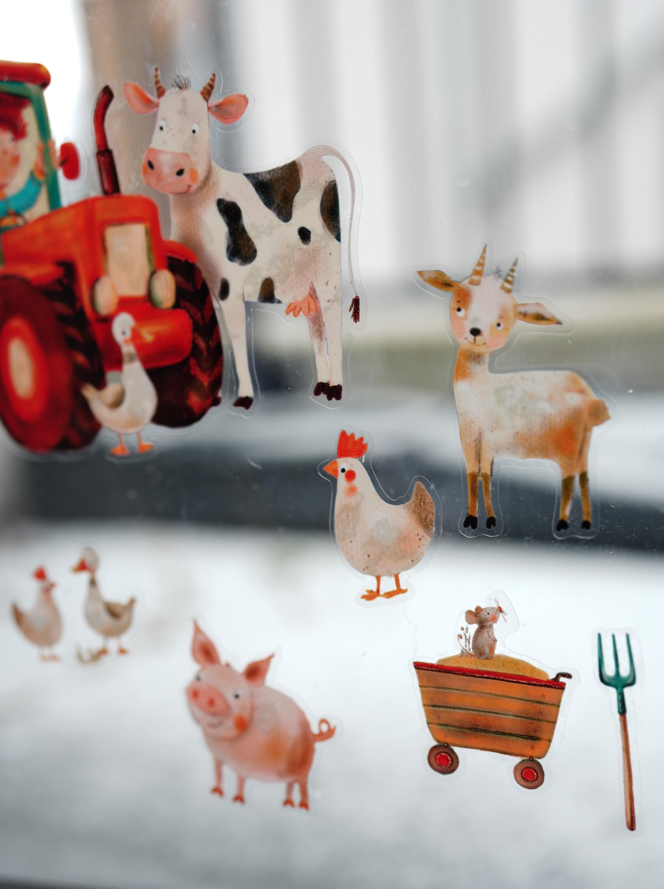 Fensterbild Bauernhof mit Tieren – niedliche Tiere & Traktor – statisch haftend und wiederverwendbar – zimmer Deko – 