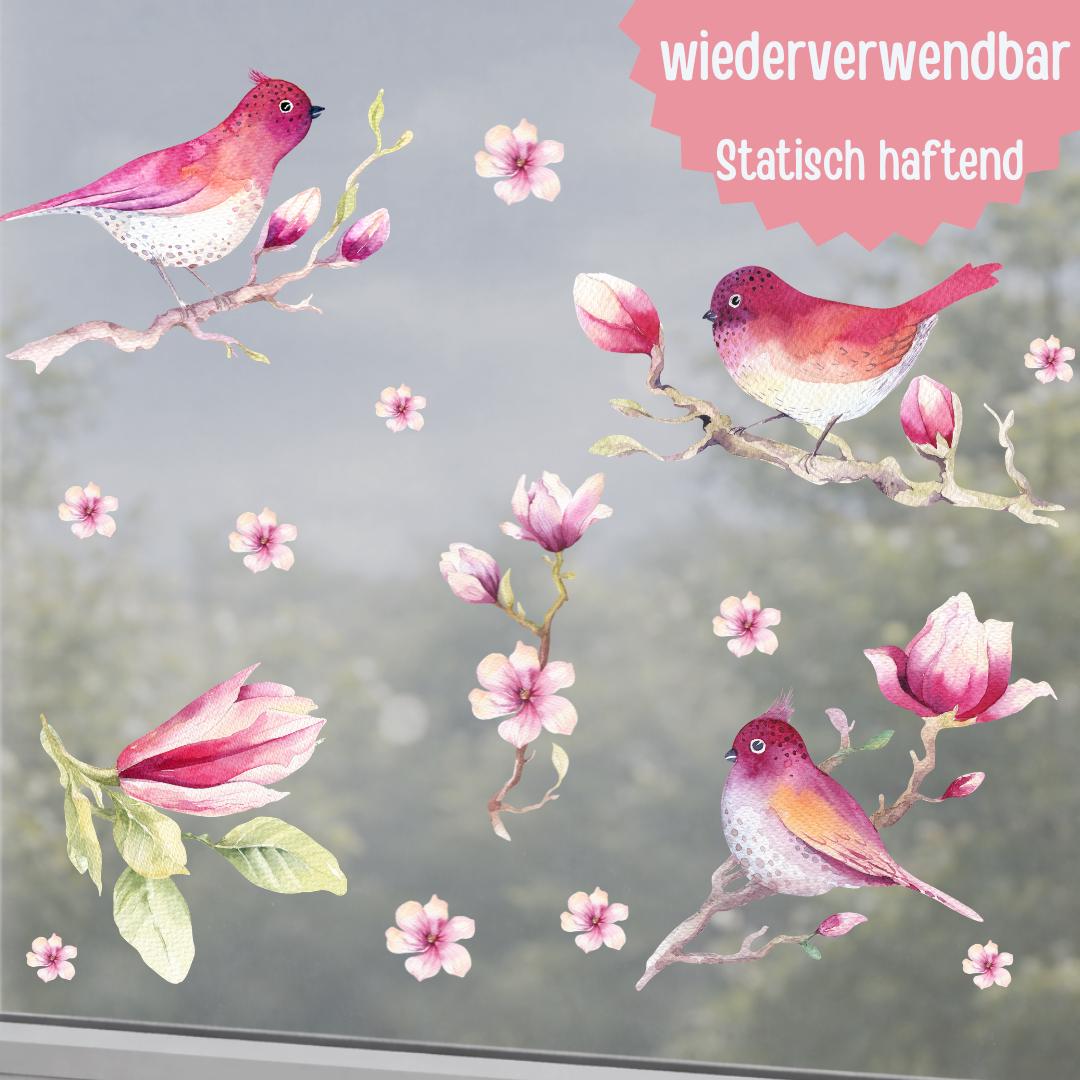 Fensterbild Frühling mit Vögeln & Magnolien – wiederverwendbare Fensterdeko Frühling – statisch haftend – Frühlingsfensterbild Blumen – 