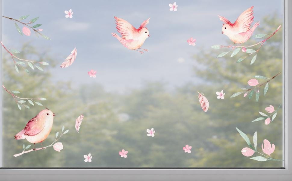Frühlings-Fensterbilder Vögel – statisch haftende Fensterdeko Frühling – Blüten & Zweige wiederverwendbar – 