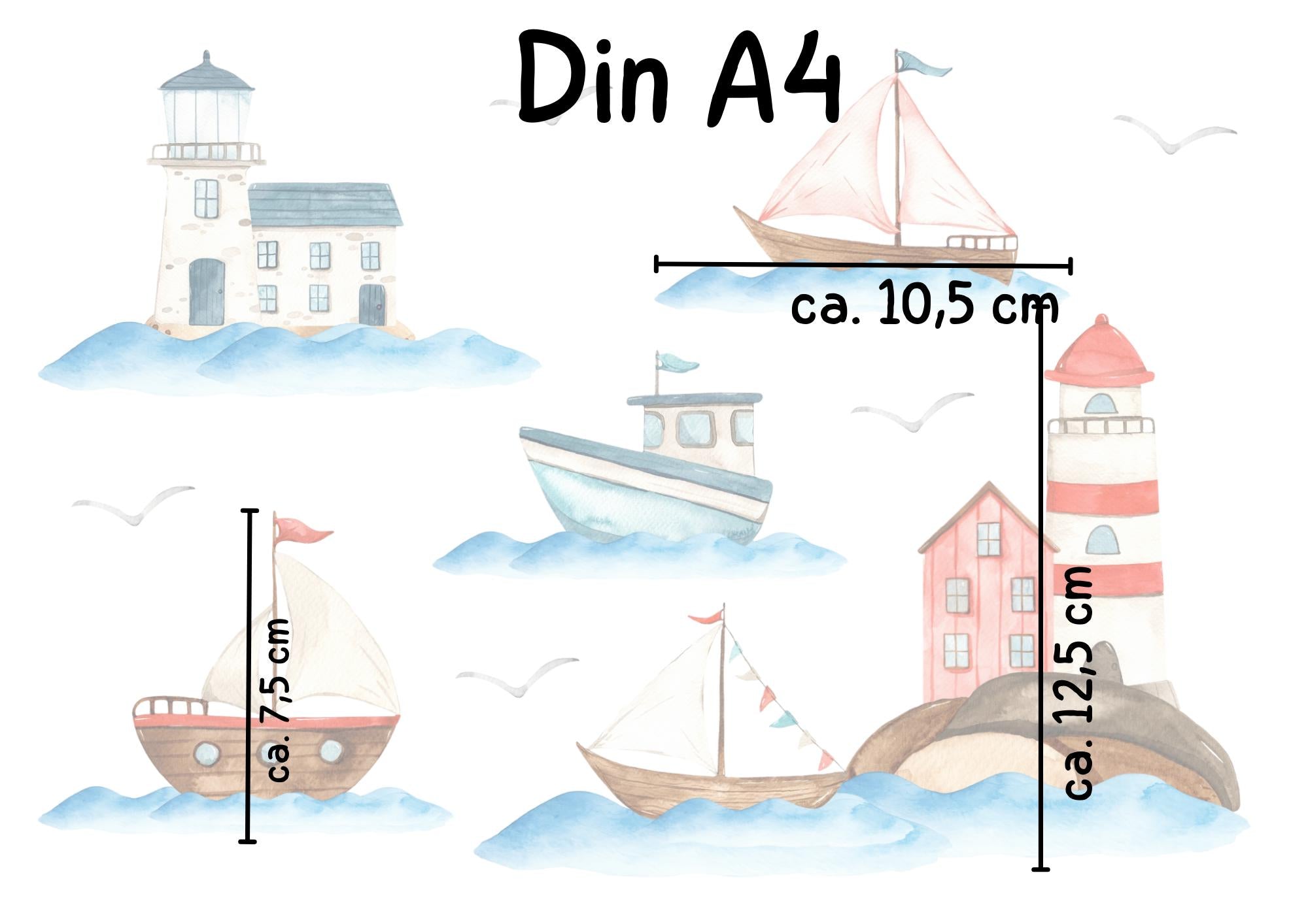 Fensterbild Boote & Leuchtturm – statisch haftend ohne Kleber – wiederverwendbare maritime Sommerdeko – Geschenk für Küstenfans – A4 A3 A2 – 