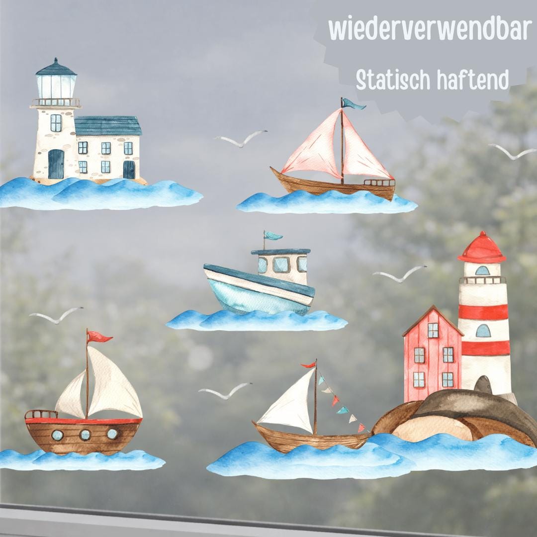 Fensterbild Boote & Leuchtturm – statisch haftend ohne Kleber – wiederverwendbare maritime Sommerdeko – Geschenk für Küstenfans – A4 A3 A2 – 