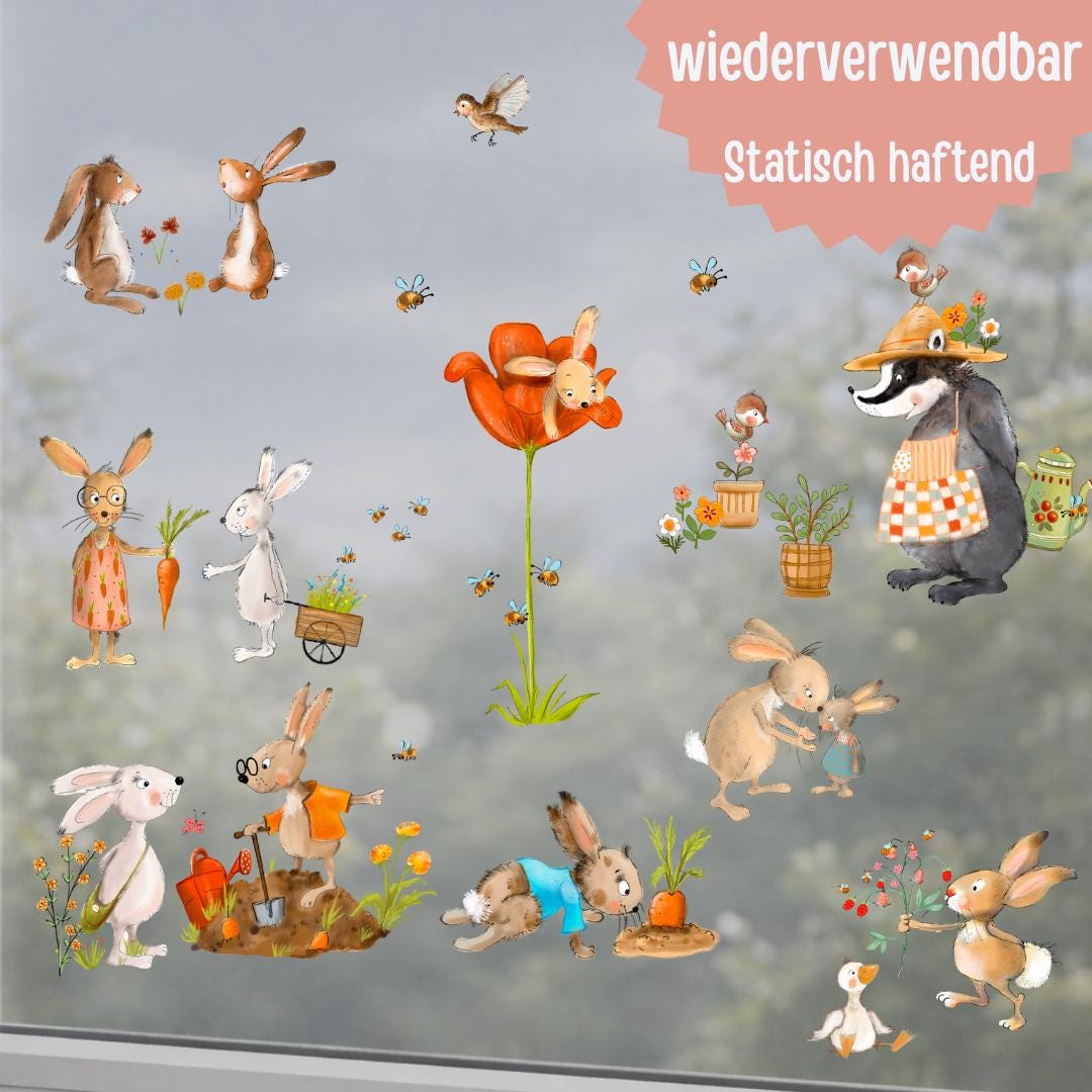 Frühlings-Fensterbilder Hasen im Garten – 