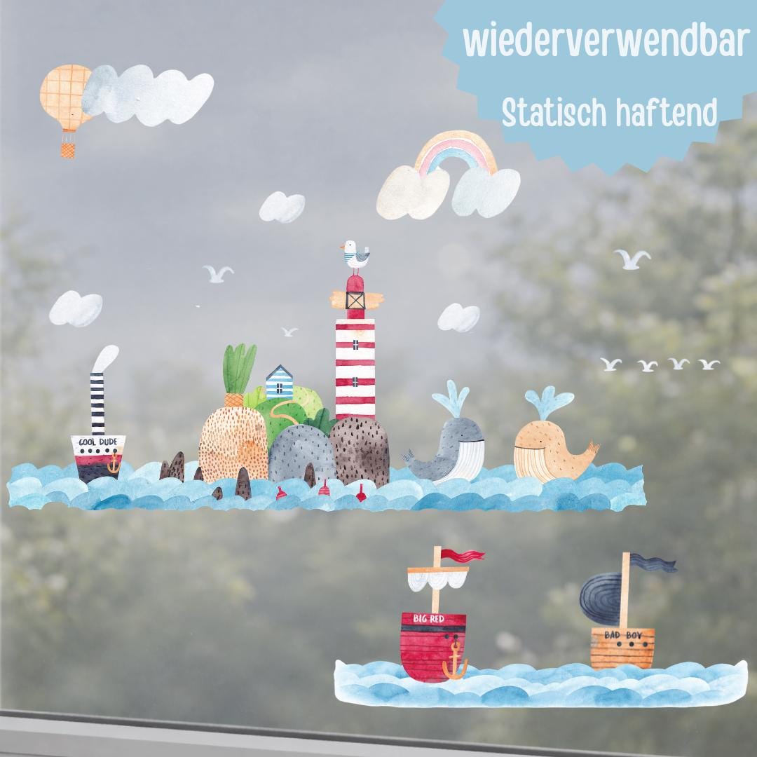 Fensterbild Meer – maritimes Fensterbild mit Leuchtturm, Walen & Booten – wiederverwendbare Fensterdeko – statisch haftend – 