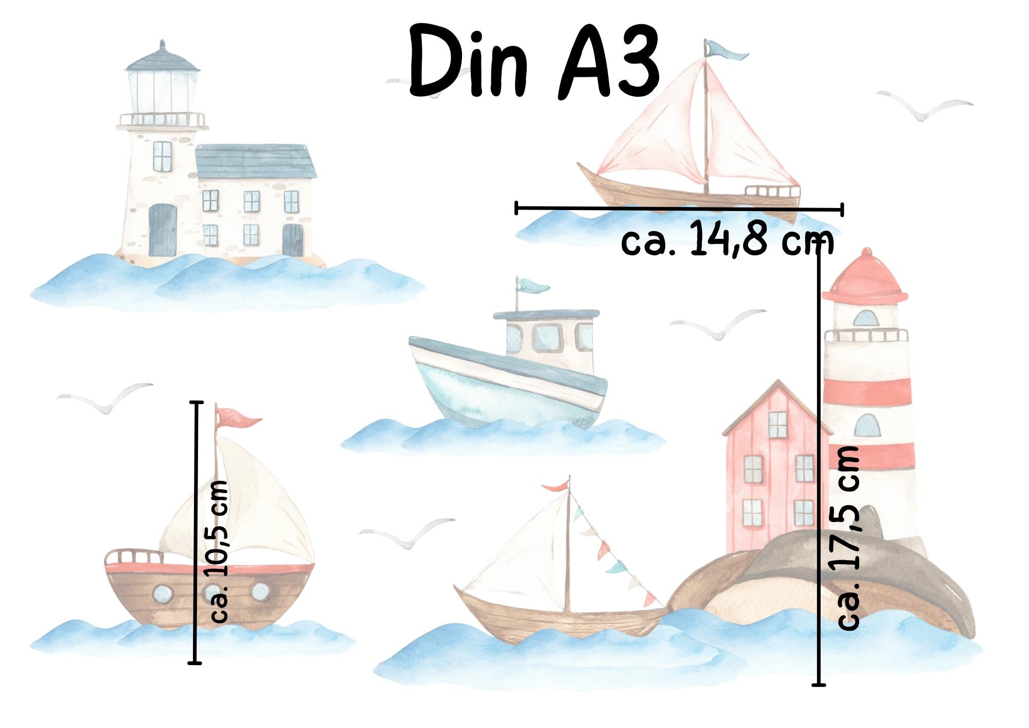 Fensterbild Boote & Leuchtturm – statisch haftend ohne Kleber – wiederverwendbare maritime Sommerdeko – Geschenk für Küstenfans – A4 A3 A2 – 