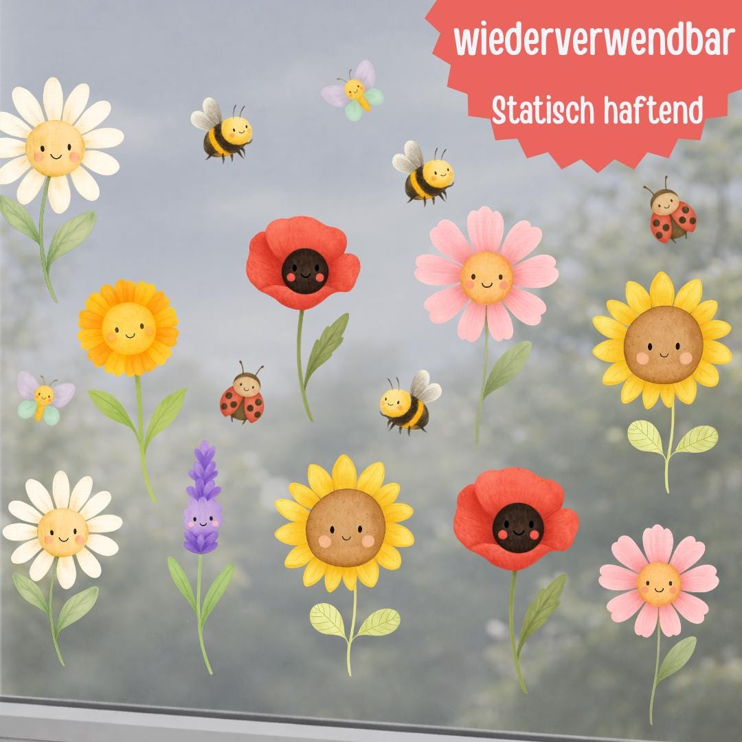 Fensterbild Frühling mit Blumen und Bienen - Fensterdeko Frühling mit Marienkäfer & Sonnenblumen - wiederverwendbar – 