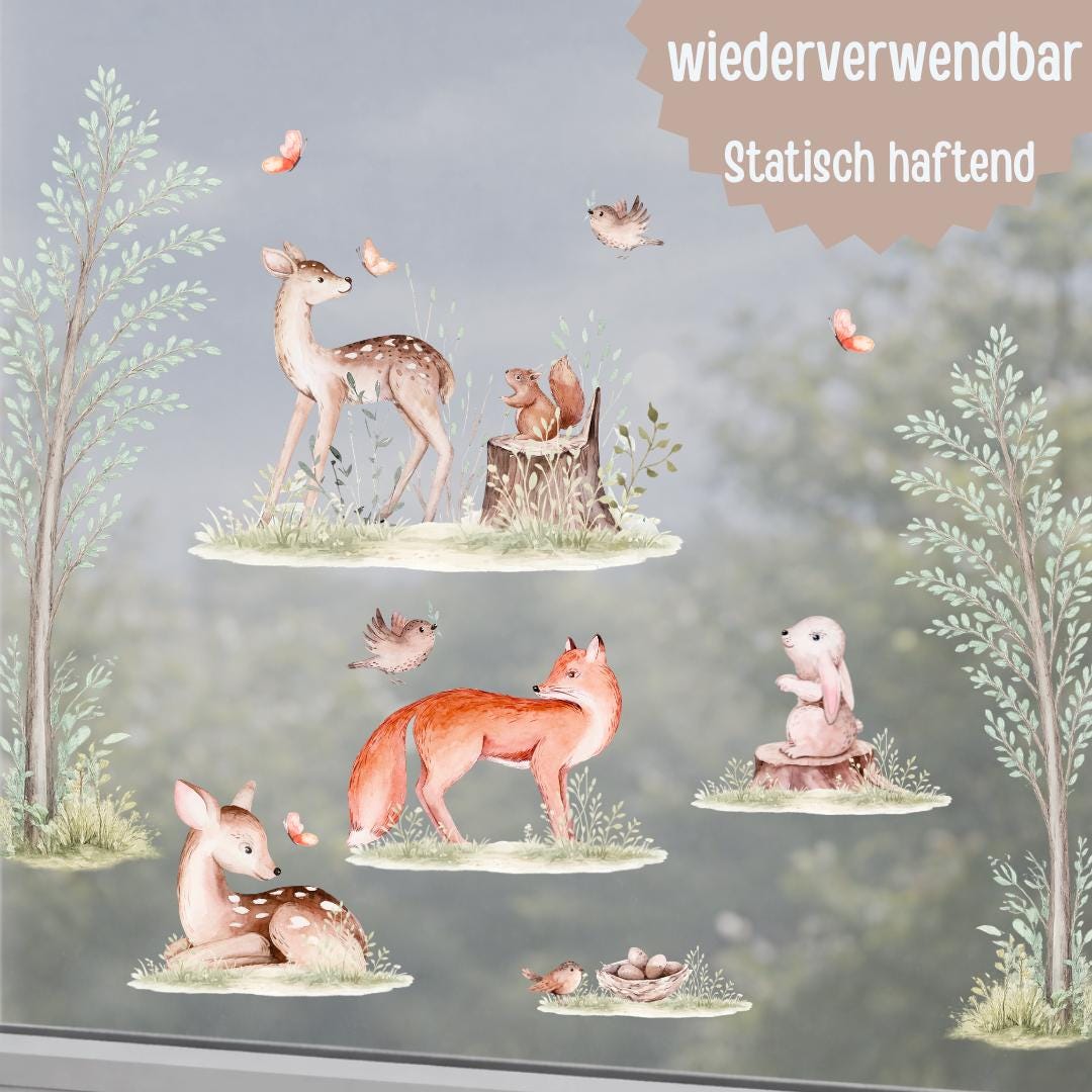 Fensterdeko Frühling – Waldtiere am Fenster, Fuchs, Reh & Hase als Fensterbild – 