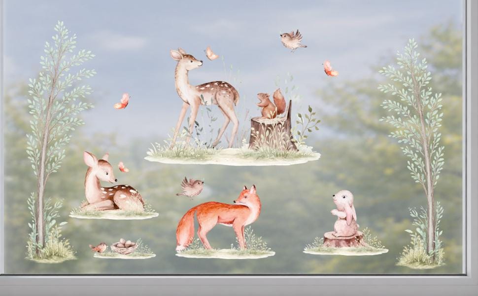 Fensterdeko Frühling – Waldtiere am Fenster, Fuchs, Reh & Hase als Fensterbild – 
