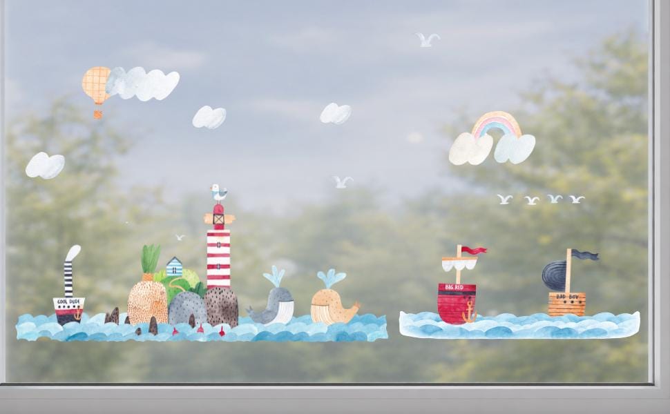 Fensterbild Meer – maritimes Fensterbild mit Leuchtturm, Walen & Booten – wiederverwendbare Fensterdeko – statisch haftend – 