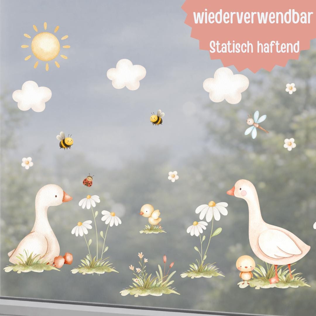 Fensterbild Frühling mit Gans & Küken – Fensterdeko mit Blumen und Bienen – wiederverwendbar – statisch haftend – 