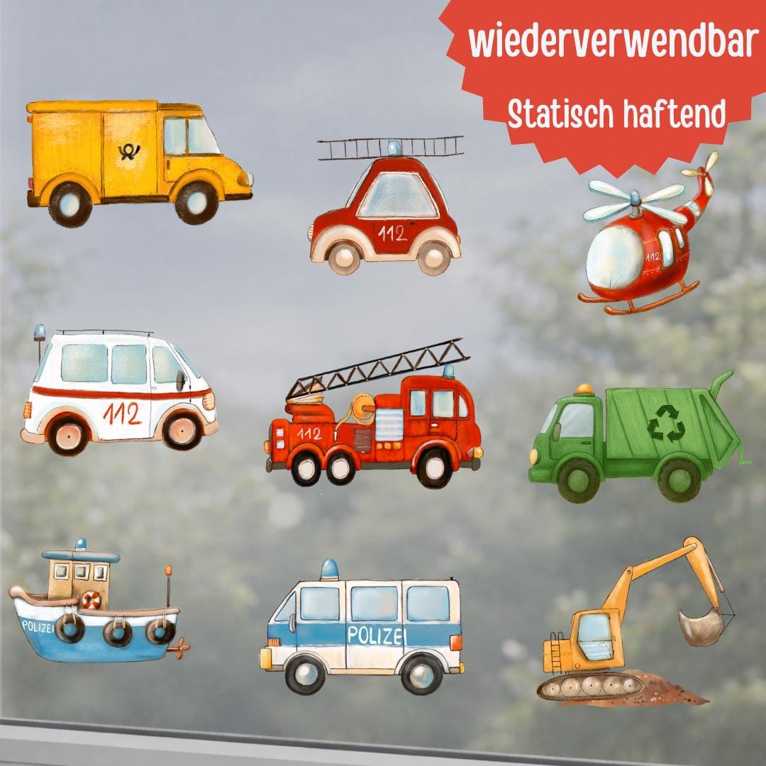 Fensterbild Fahrzeuge – Feuerwehr Polizei Müllauto Bagger – Fensterdeko zimmer – statisch haftend & wiederverwendbar