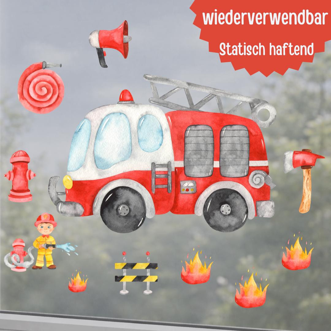 Fensterbild Feuerwehr – Feuerwehrauto mit Zubehör – Fensterdeko zimmer – statisch haftend & wiederverwendbar