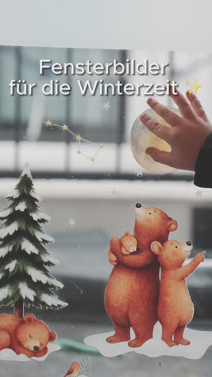 Fensterbild Bärenfamilie – Winterwald & Mond – statisch haftend und wiederverwendbar - winterliche Fensterdeko