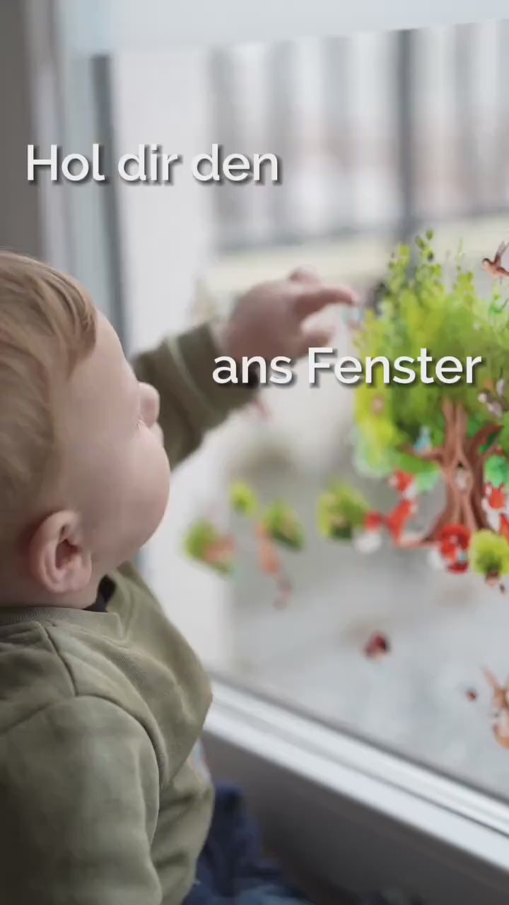 Fensterdeko Frühling – Fensterbild Frühlingswald mit Fuchs & Waldtieren, frühlingshafte Fensterdeko fürs zimmer