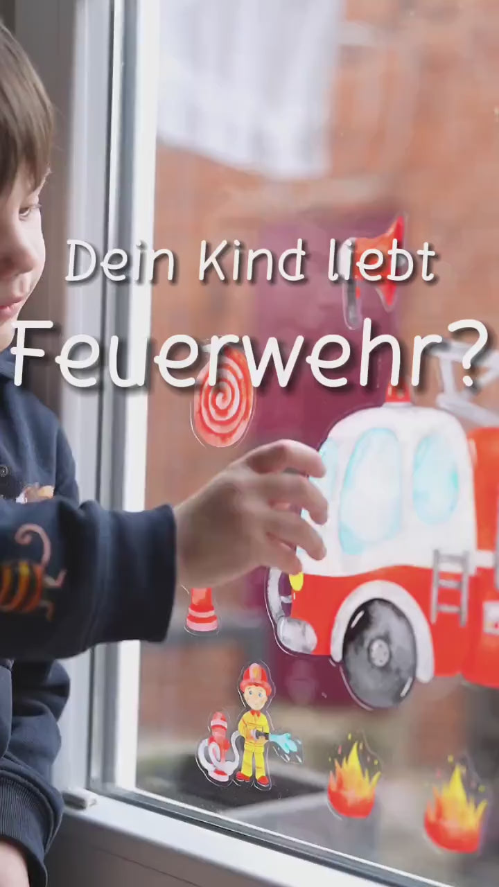 Fensterbild Feuerwehr – Feuerwehrauto mit Zubehör – Fensterdeko zimmer – statisch haftend & wiederverwendbar