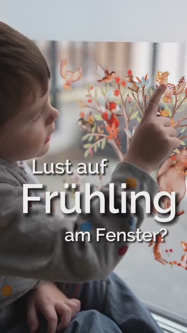 Frühlings-Fensterbild zimmer Waldtiere – statisch haftende Fensterdeko Frühling – Tiere im Baum Babyzimmer