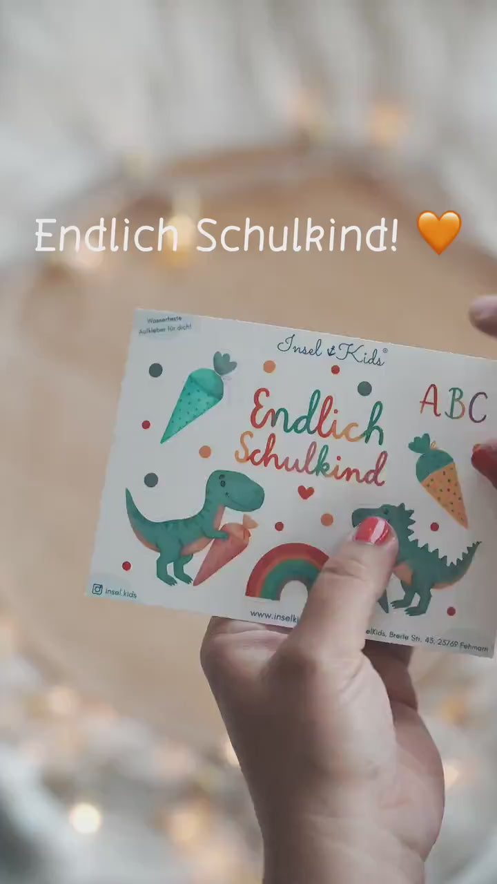 Sticker Einschulung Dino – Endlich Schul – wasserfeste Aufkleber für – Geschenk Schulanfang – Schultüte Deko Set A5