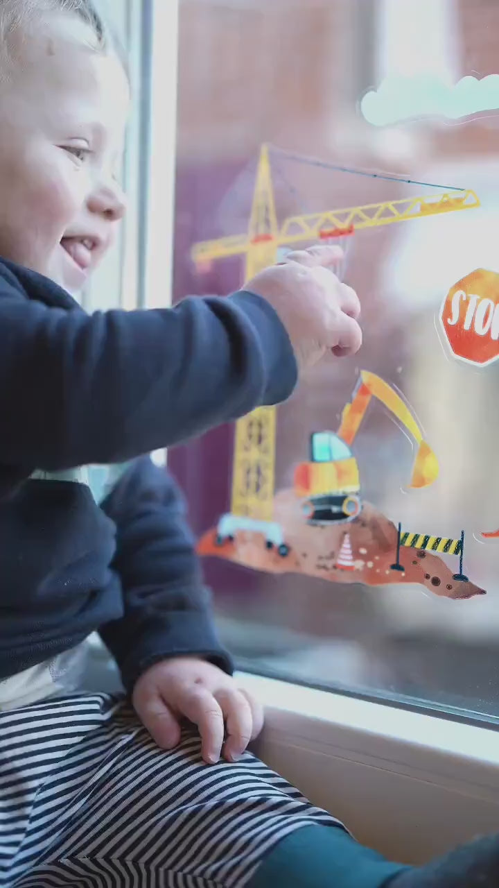 Fensterbild Baustelle – Bagger, Kran & Baustellenfahrzeuge – Fensterdeko zimmer – statisch haftend und wiederverwendbar