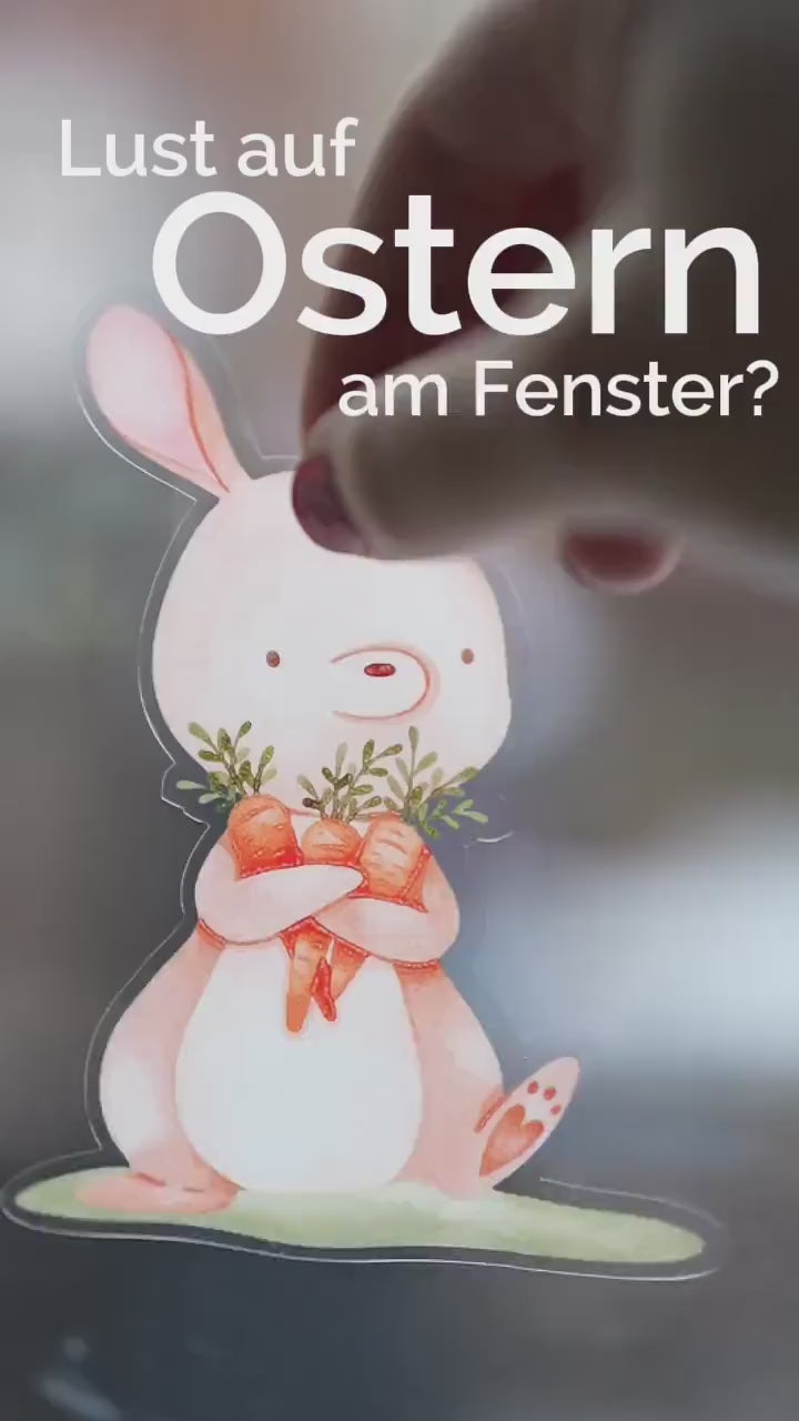Fensterdeko Frühling – Fensterbild mit Häschen & Möhrenhaus, frühlingshafte Fensterdeko mit Blumen