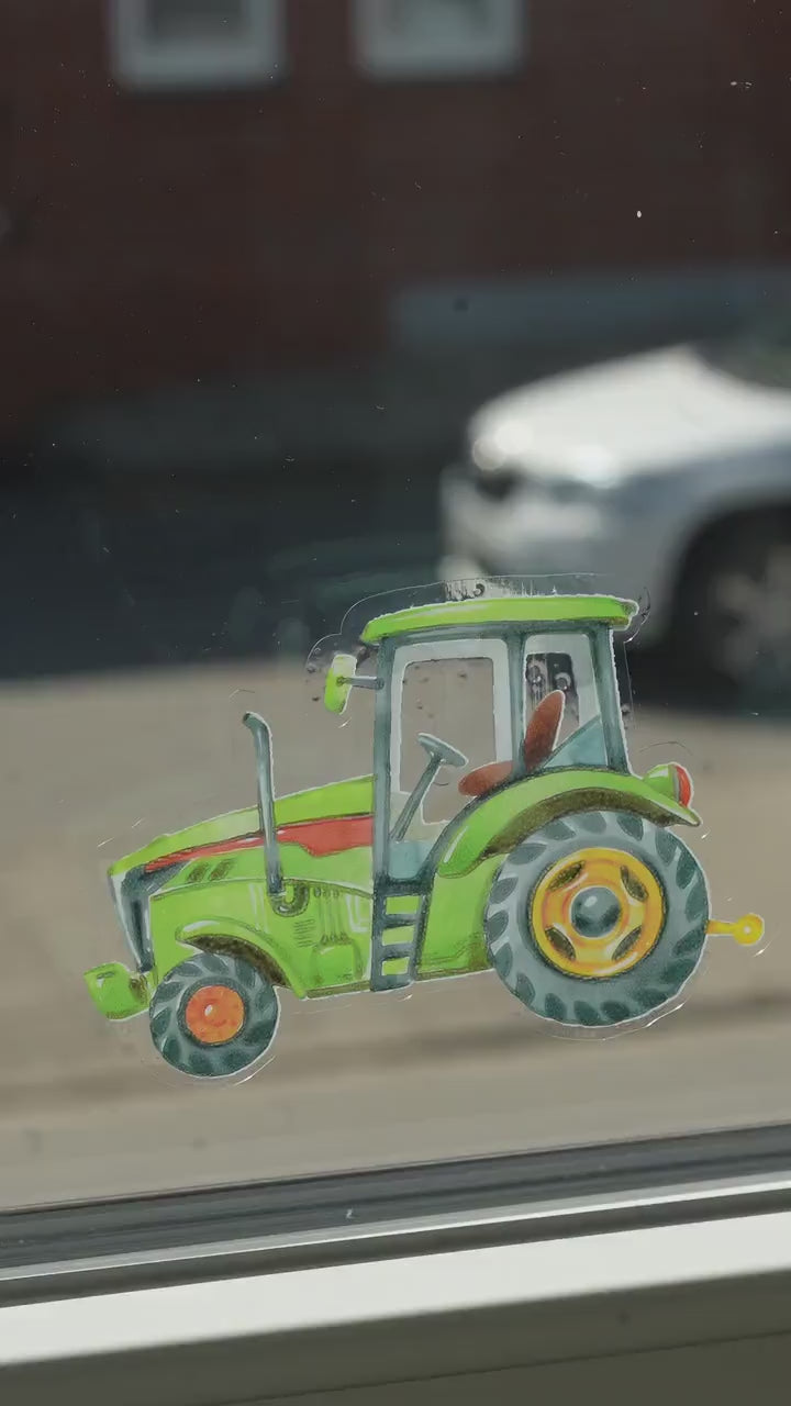 Fensterbild Bagger grün – Traktor Fenstersticker zimmer – Baustellenfahrzeuge statisch haftend