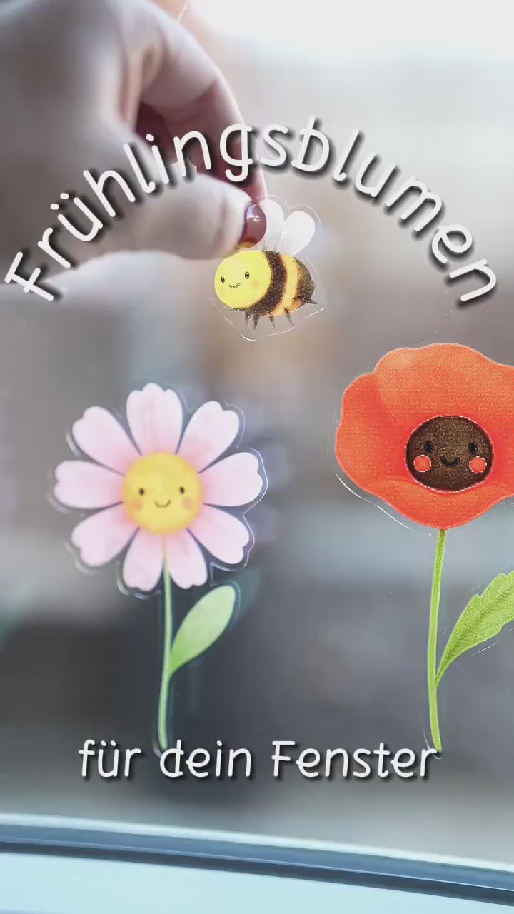 Fensterbild Frühling mit Blumen und Bienen - Fensterdeko Frühling mit Marienkäfer & Sonnenblumen - wiederverwendbar