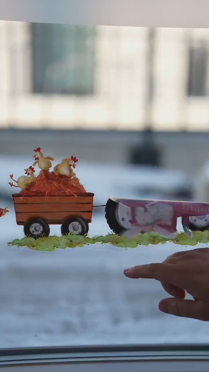 Fensterdeko mit Traktor – Fensterbild Bauernhof mit Tieren, liebevolle Bauernhof-Fensterdeko