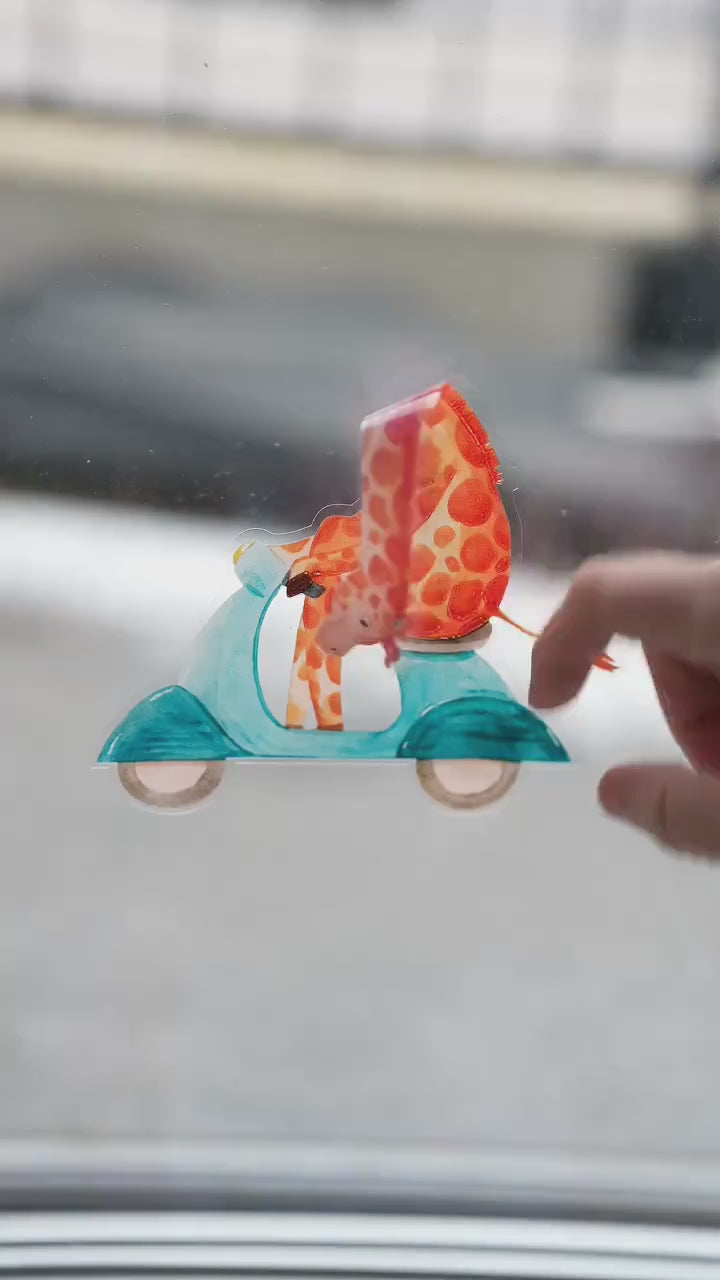 Frühlings-Fensterbilder zimmer – Tiere auf Rädern – Giraffe, Elefant & Igel – statisch haftende Fensterdeko