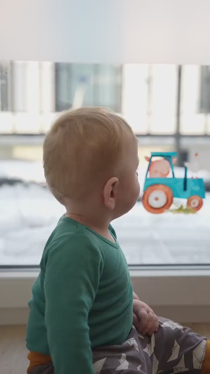 Fensterdeko Bauernhof und Traktor – Fensterbild Bauernhof mit Tieren, liebevolle Bauernhof-Fensterdeko für zimmer