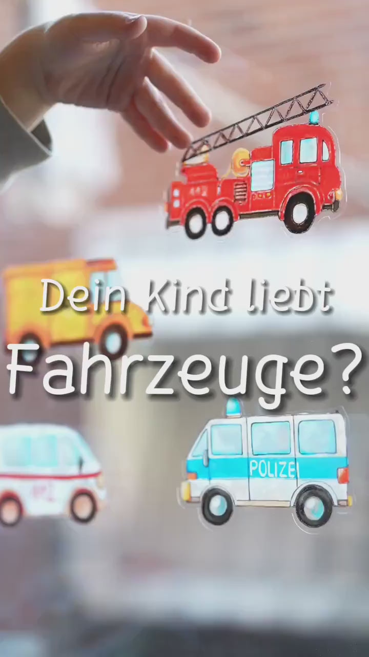 Fensterbild Fahrzeuge – Feuerwehr Polizei Müllauto Bagger – Fensterdeko zimmer – statisch haftend & wiederverwendbar