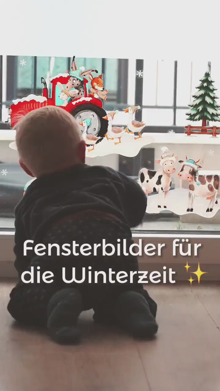 Fensterbild Winter Bauernhof - mit Traktor & Bauernhoftieren – statisch haftend und wiederverwendbar – winterliche Fensterdeko