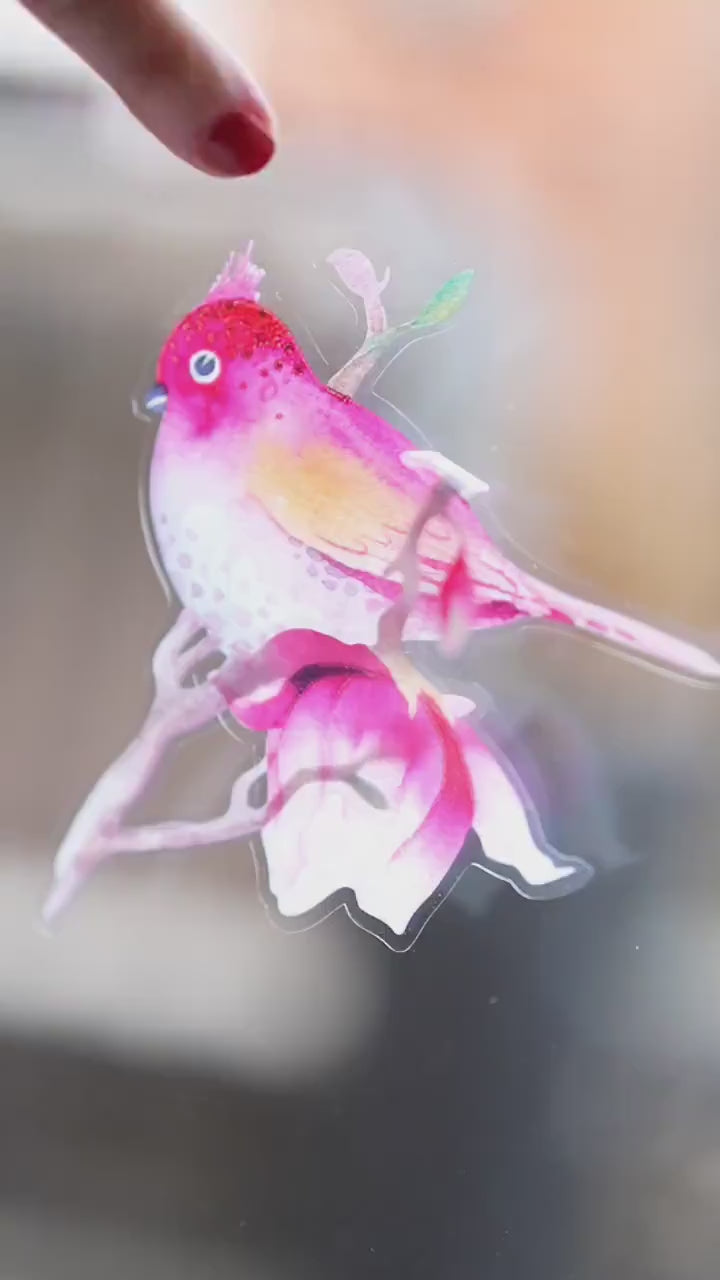 Fensterbild Frühling mit Vögeln & Magnolien – wiederverwendbare Fensterdeko Frühling – statisch haftend – Frühlingsfensterbild Blumen