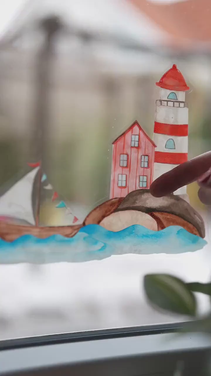 Fensterbild Boote & Leuchtturm – statisch haftend ohne Kleber – wiederverwendbare maritime Sommerdeko – Geschenk für Küstenfans – A4 A3 A2
