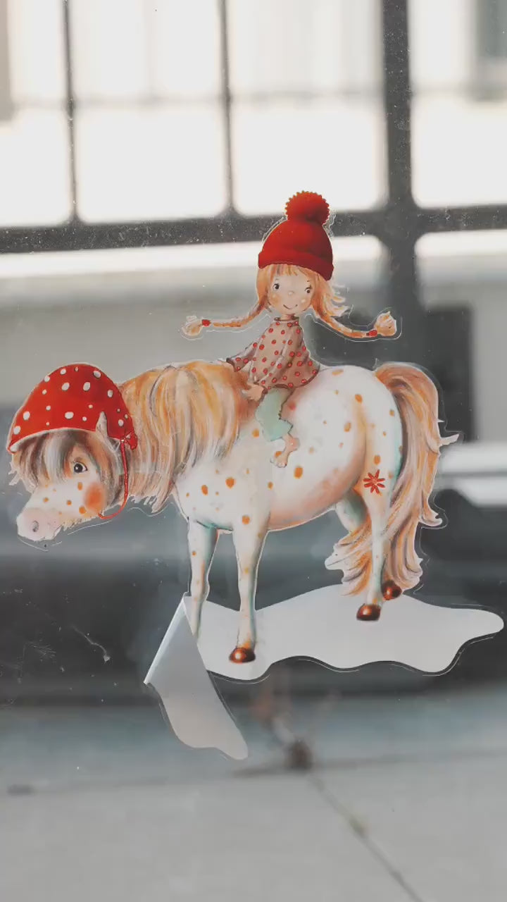 Winter-Fensterbild Pony und Waldtiere – märchenhafte Winterlandschaft für – statisch haftend & wiederverwendbar