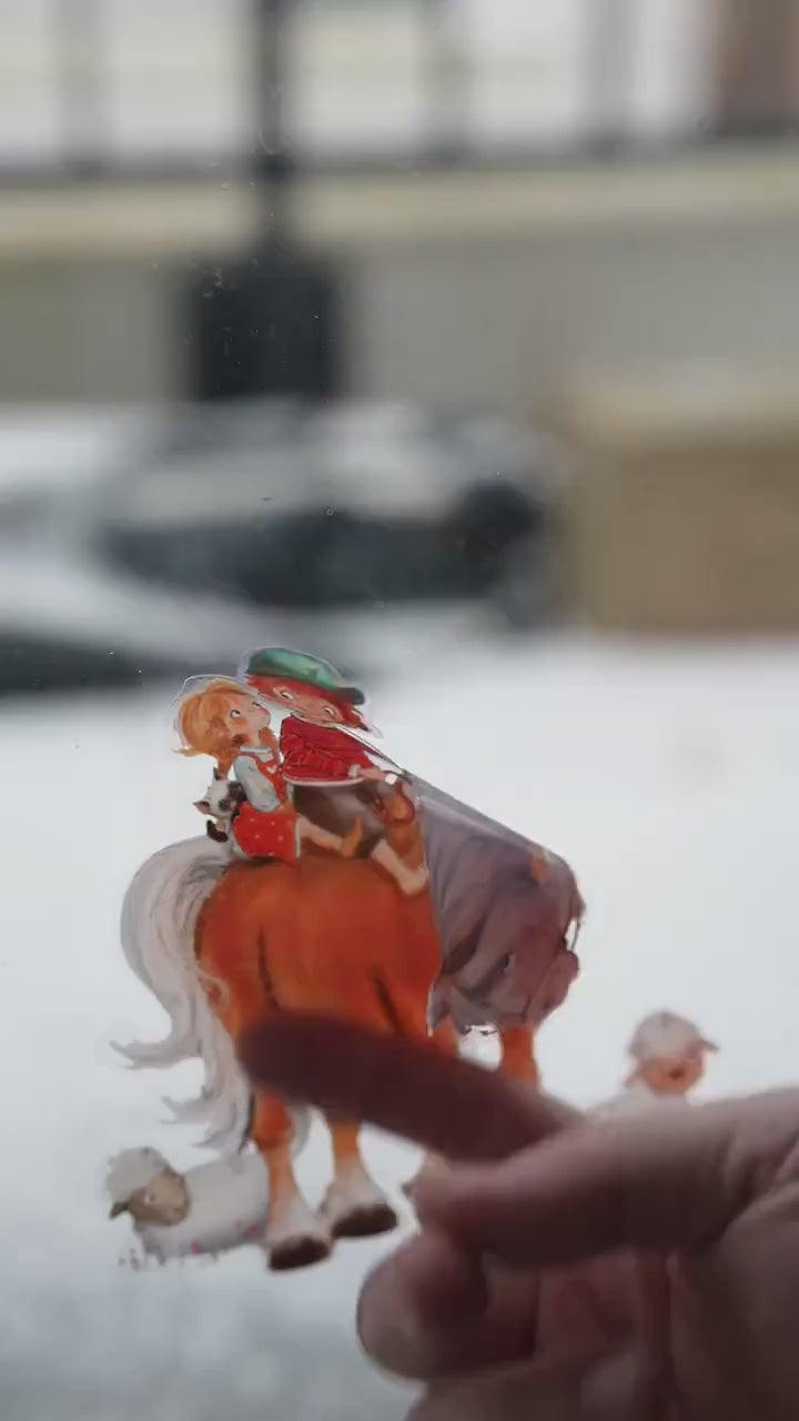 Frühlings-Fensterbilder Bauernhof – statisch haftende Fensterdeko zimmer – Kleiner Lausbub & Bauernhofszene