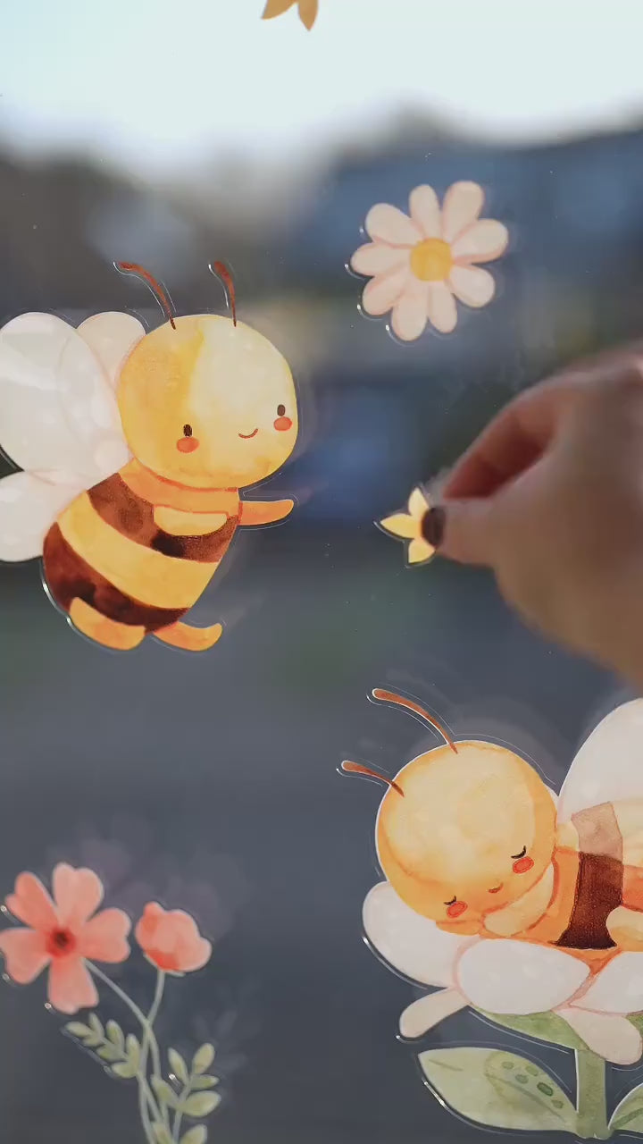 Fensterbild Bienen & Blumen – Frühlingshafte Fensterdeko für , statisch haftend und wiederverwendbar