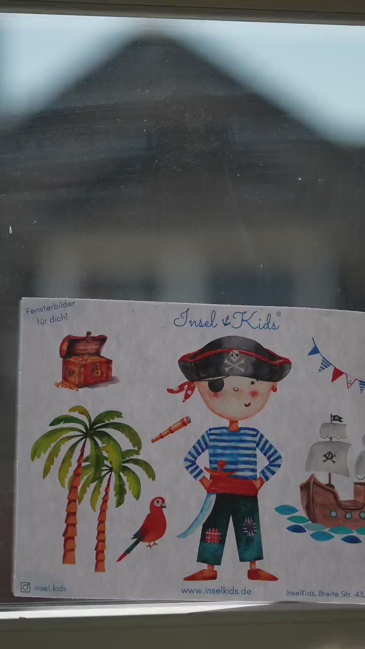 Wiederverwendbares Fensterbild Pirat zimmer – Fensterdeko ohne Kleber – statisch haftend – Piratenschiff Schatztruhe Palme