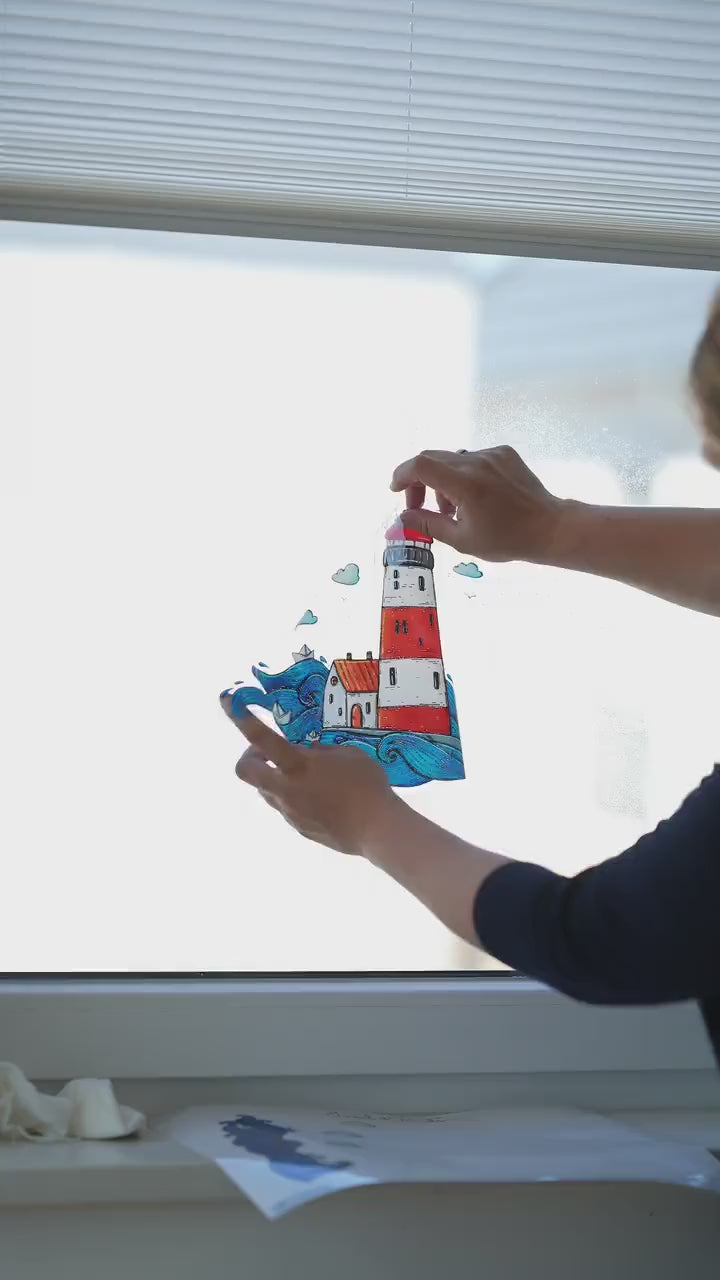 Fensterbild Leuchtturm – statisch haftend & ohne Kleber – maritime Fensterdeko Sommer – für Glastür, Fenster und Ferienhaus