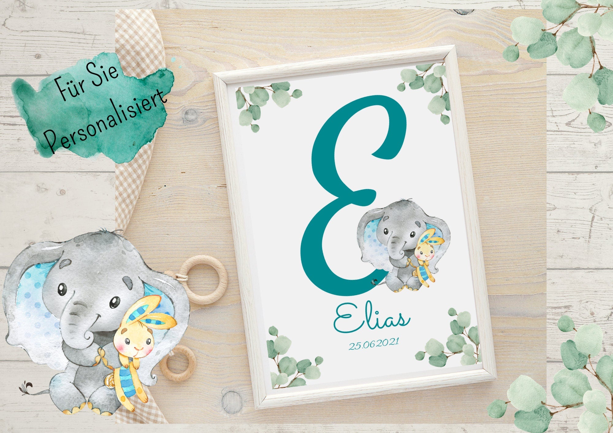 Geburtsanzeige Geburtsposter Geburtsdaten Geschenk zur Geburt Elefant Buchstabe