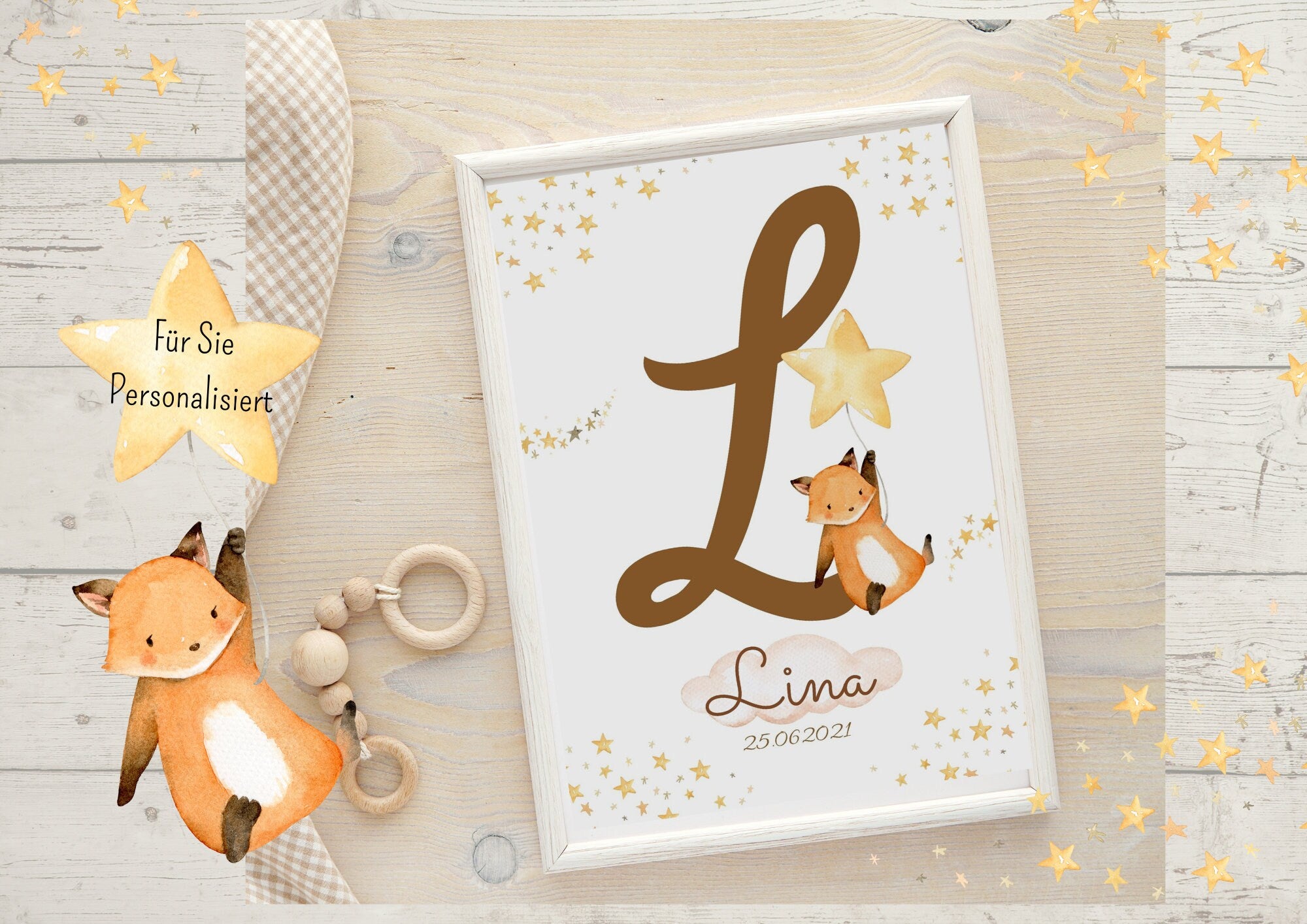 Geburtsanzeige Geburtsposter Geburtsdaten Geschenk zur Geburt Fuchs Buchstabe