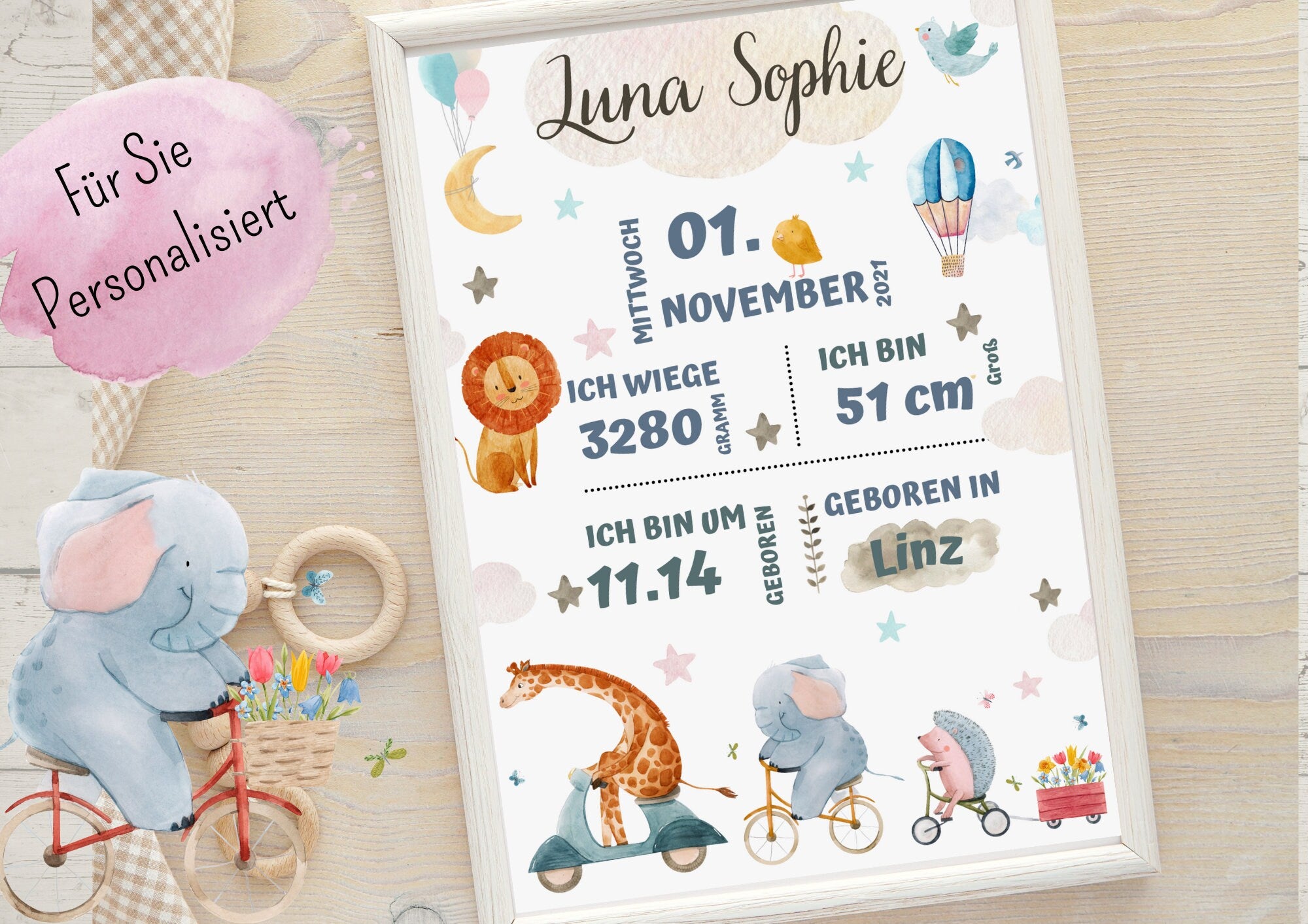 Geburtsanzeige Geburtsposter Geburtsdaten Geschenk zur Geburt Tiere