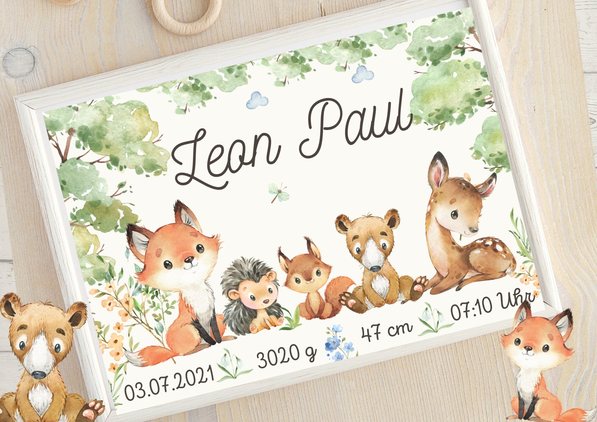 Geburtsanzeige Geburtsposter Geburtsdaten Geschenk zur Geburt Waldtiere Fuchs Reh