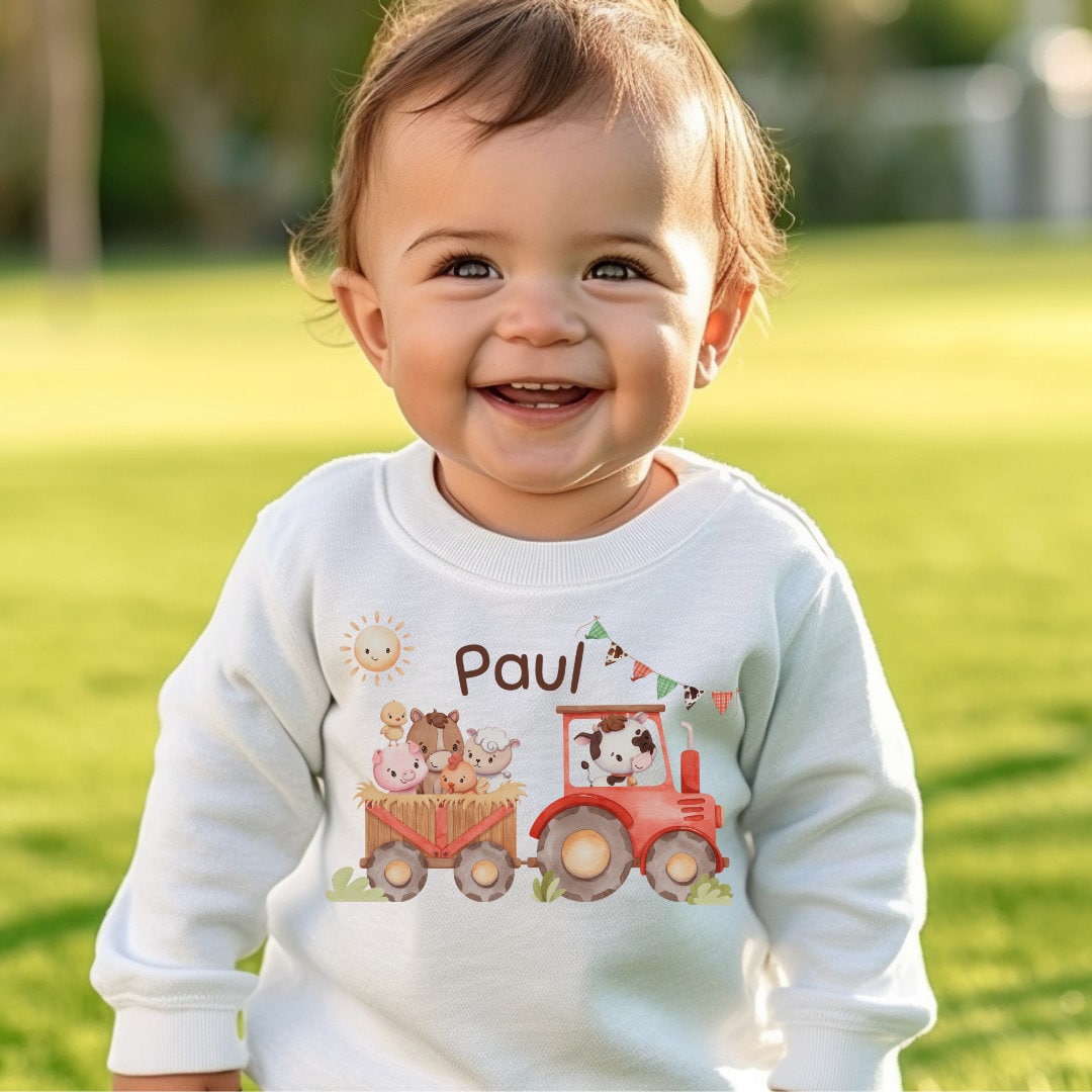Pullover Sweatshirt Sweater personalisiert Kinderpullover Babypullover Traktor Trecker Bauernhof Bauernhoftiere Kuh Pferd Schwein